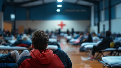 A packed gym with rows of cots, a small group of evacuees seated nearby