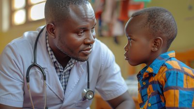 African male pediatrician holds his stethoscope as he conducts a thorough examination of a young boy patient