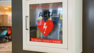 Automated External Defibrillator on the wall