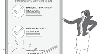 Business emergency action plan with businesswoman holding pencil standing next to siren