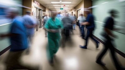Busy Fast-Paced Crowded Overcrowded Hospital Emergency Room Hall Corridor Waiting Room Timelapse Motion Blur With Doctors and Nurses Walking, Moving, Running