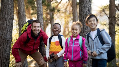 Camp Counselor and kids in the woods