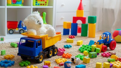 Children's playroom with plastic colorful educational blocks toys