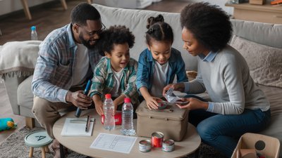 Family Preparing Emergency Kit Together at Home