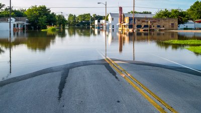 Flooded business street in a small town