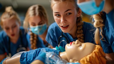 Nurse students practicing pediatric resuscitation on a training mannequin