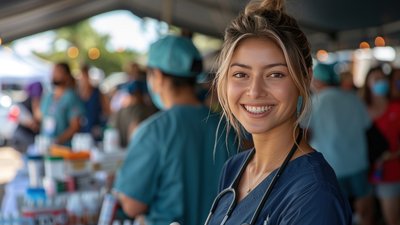Nurses preparing vaccinations at a community health fair, smiling as they assist attendees