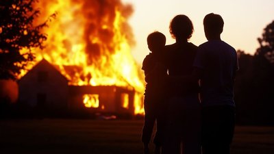 family in front of a fire