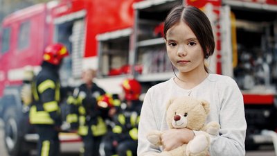 Portrait of saved little asian girl standing near fire truck