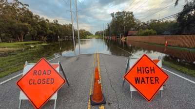 Road Closed. Stop road sign. High Water sign