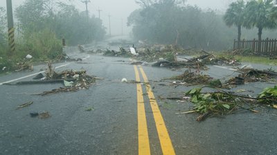 Road with storm damage and rain