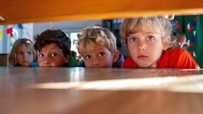 children ducking under a sturdy school desk during an earthquake drill