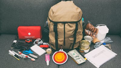 packed backpack with items needed for evacuation