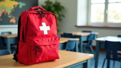 red backpack with white cross on classroom desk, symbolizing emergency preparedness and safety in educational settings
